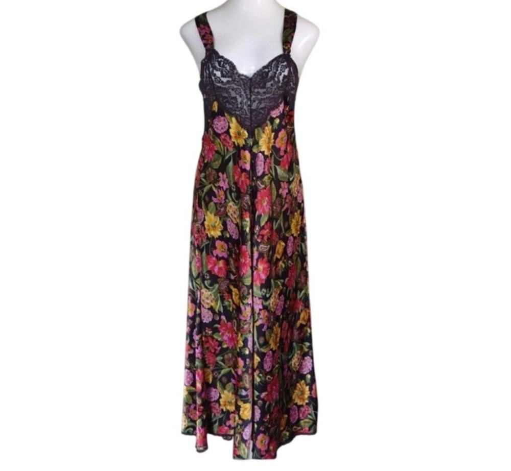 Vintage Vanity Fair Nightgown Size L 70s 80s Black Jewel Tone Floral Lace Long